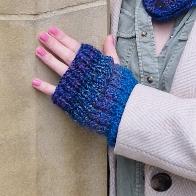 Handknit fingerless gloves - blue and purple