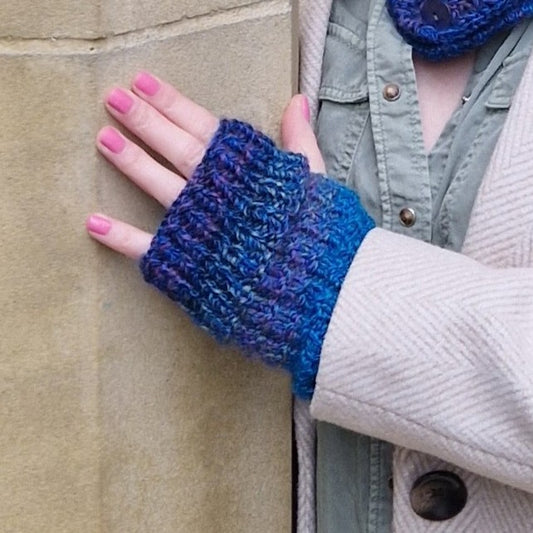 Handknit fingerless gloves - blue and purple