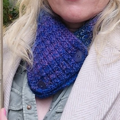 Handknit neck wrap - blue and purple