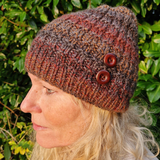 Handknit unisex beanie hat  with button detail - brown mix