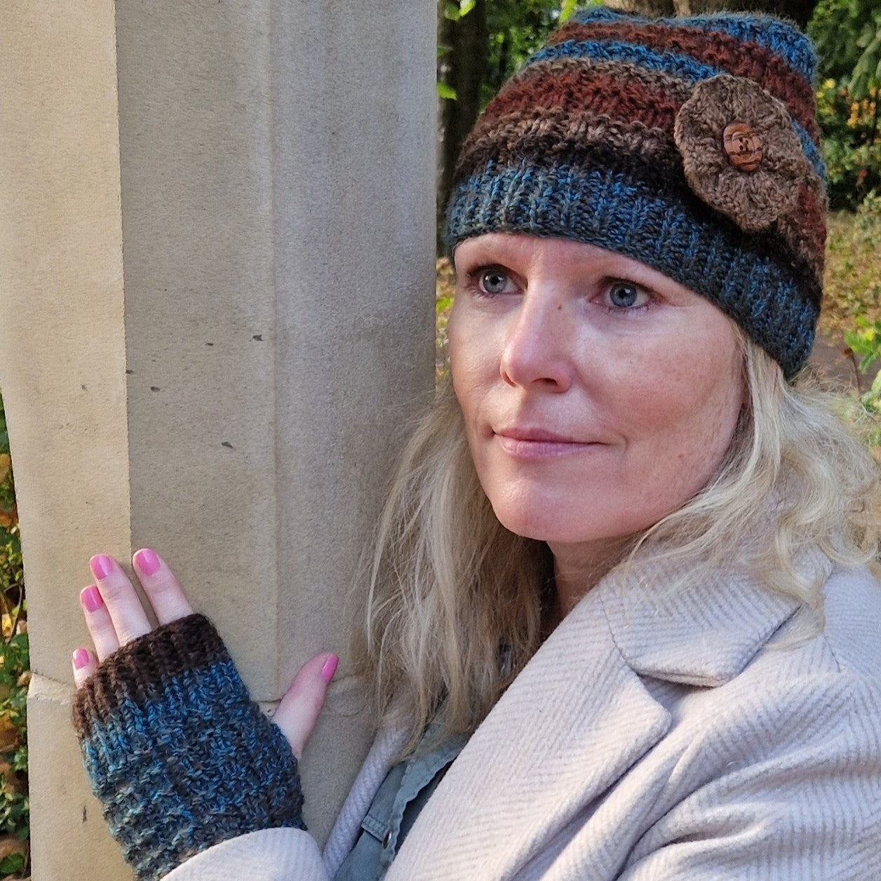 Handknit beanie hat with detachable flower brooch - brown and teal mix