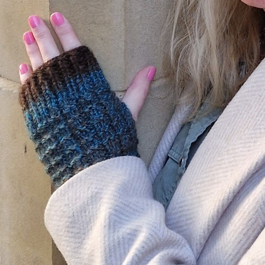Handknit fingerless gloves - brown and teal