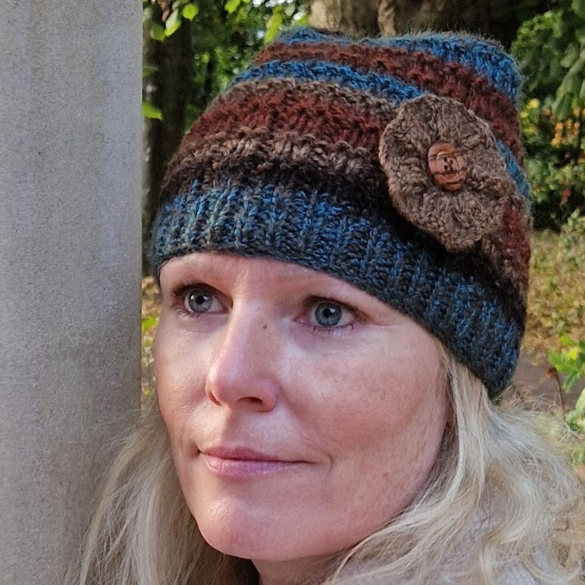 Handknit beanie hat with detachable flower brooch - brown and teal mix