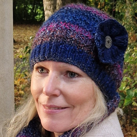 Handknit hat with detachable flower brooch - navy and cerise