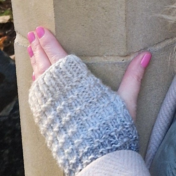 Handknit fingerless gloves - pale grey and beige
