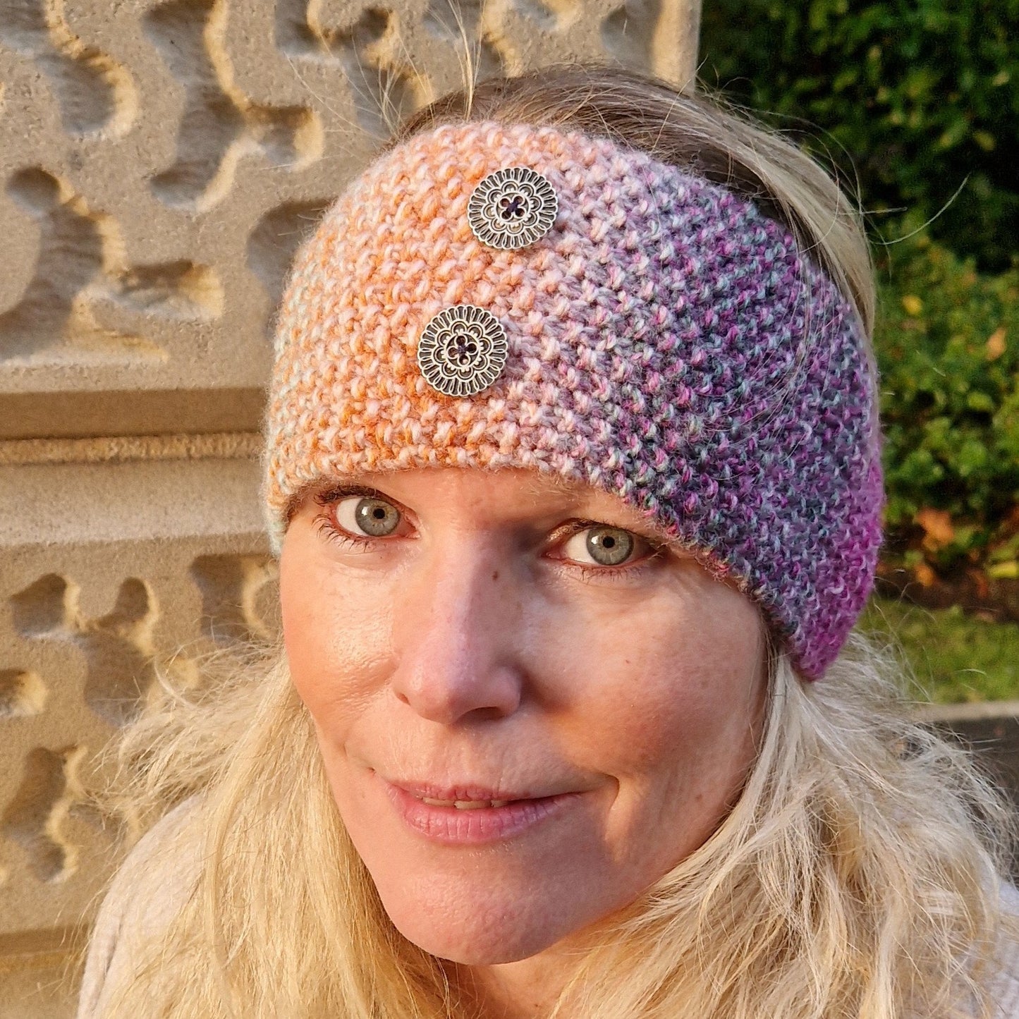 Handknit earwarmer - orange and purple
