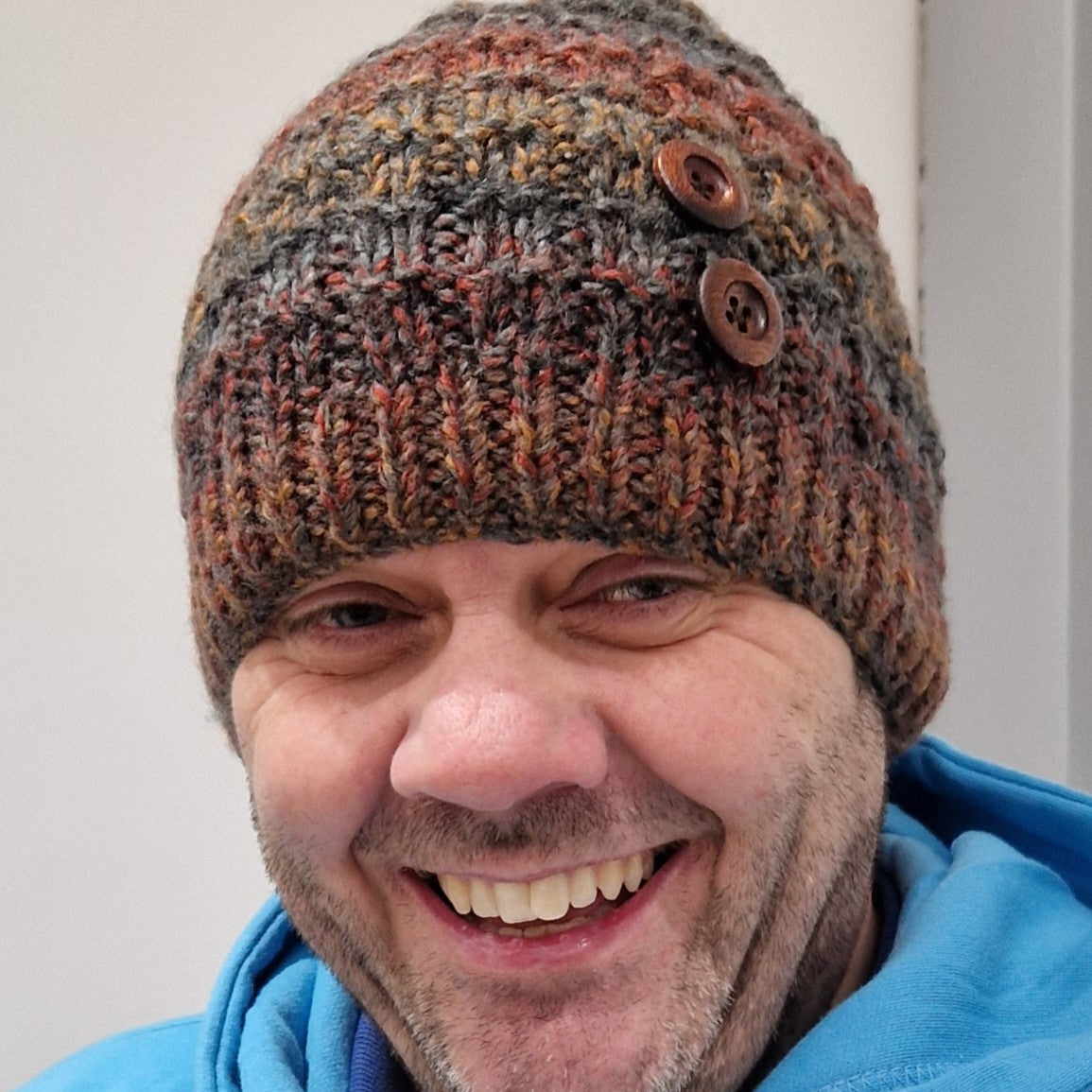 Handknit unisex beanie hat  with button detail - brown mix