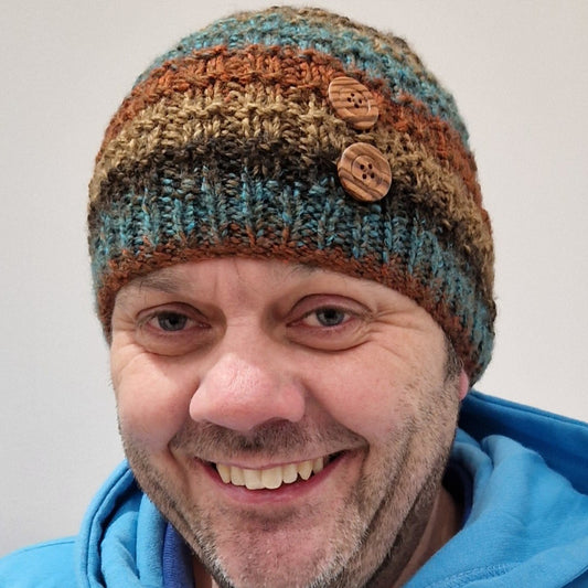 Handknit unisex beanie hat with button detail - brown and teal mix