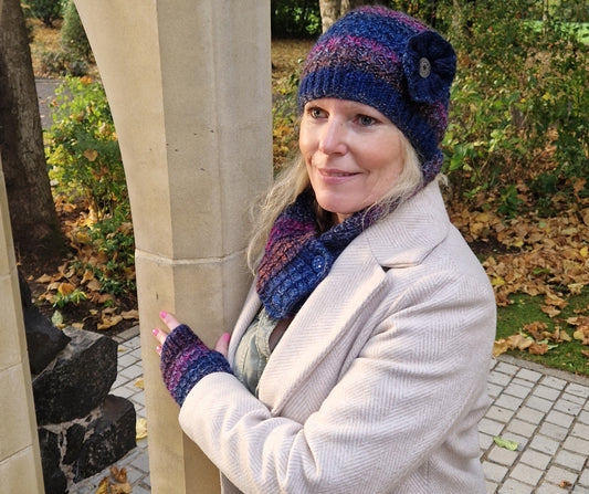 Handknit hat, neck wrap and fingerless gloves matching set - navy and cerise mix