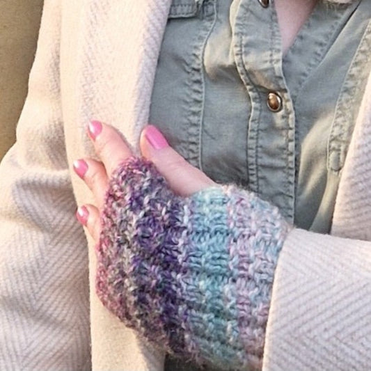 Handknit fingerless gloves - orange, purple and pale green