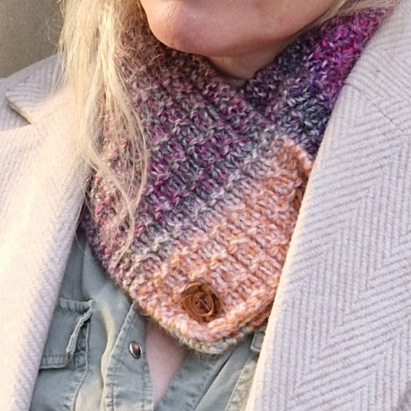 Handknit neck wrap - orange, purple and pale green