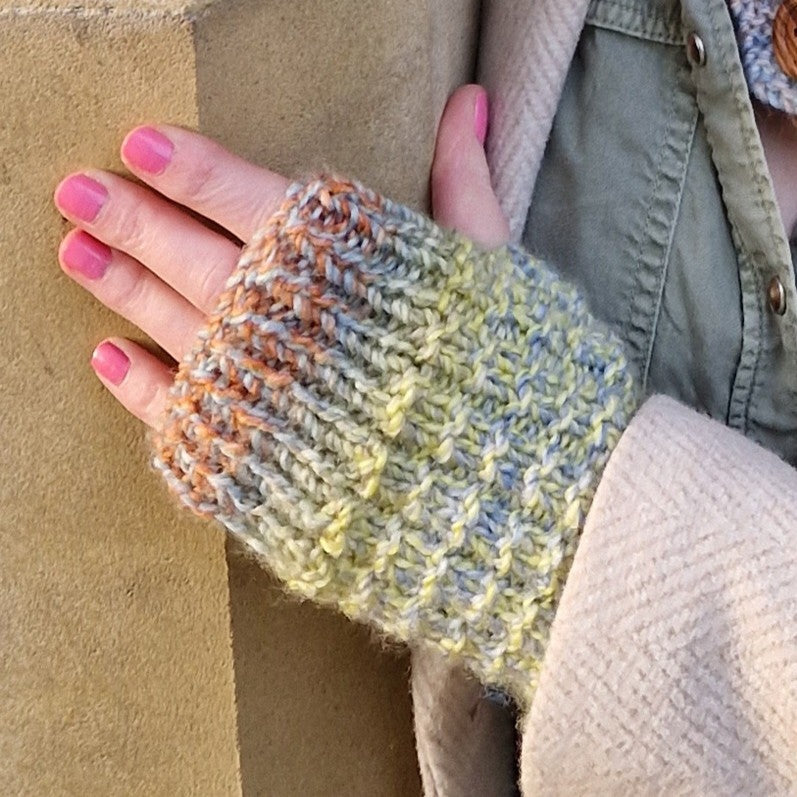 Hand knit fingerless gloves - pastels