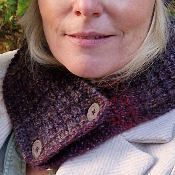 Handknit neck wrap - brown, plum and grey