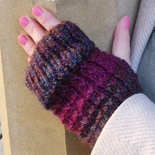 Handknit fingerless gloves - plum and ginger