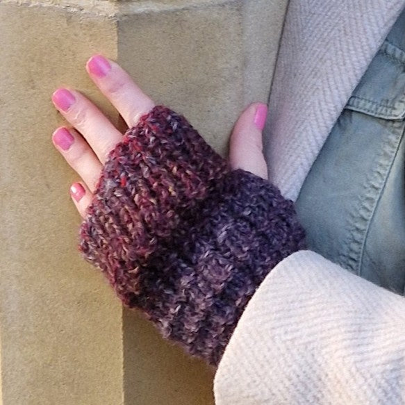 Handknit fingerless gloves - brown, plum and grey
