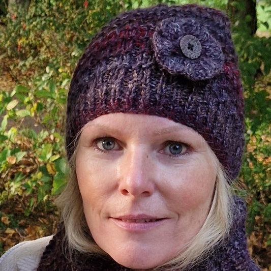 Handknit hat with detachable flower brooch - brown, plum and grey