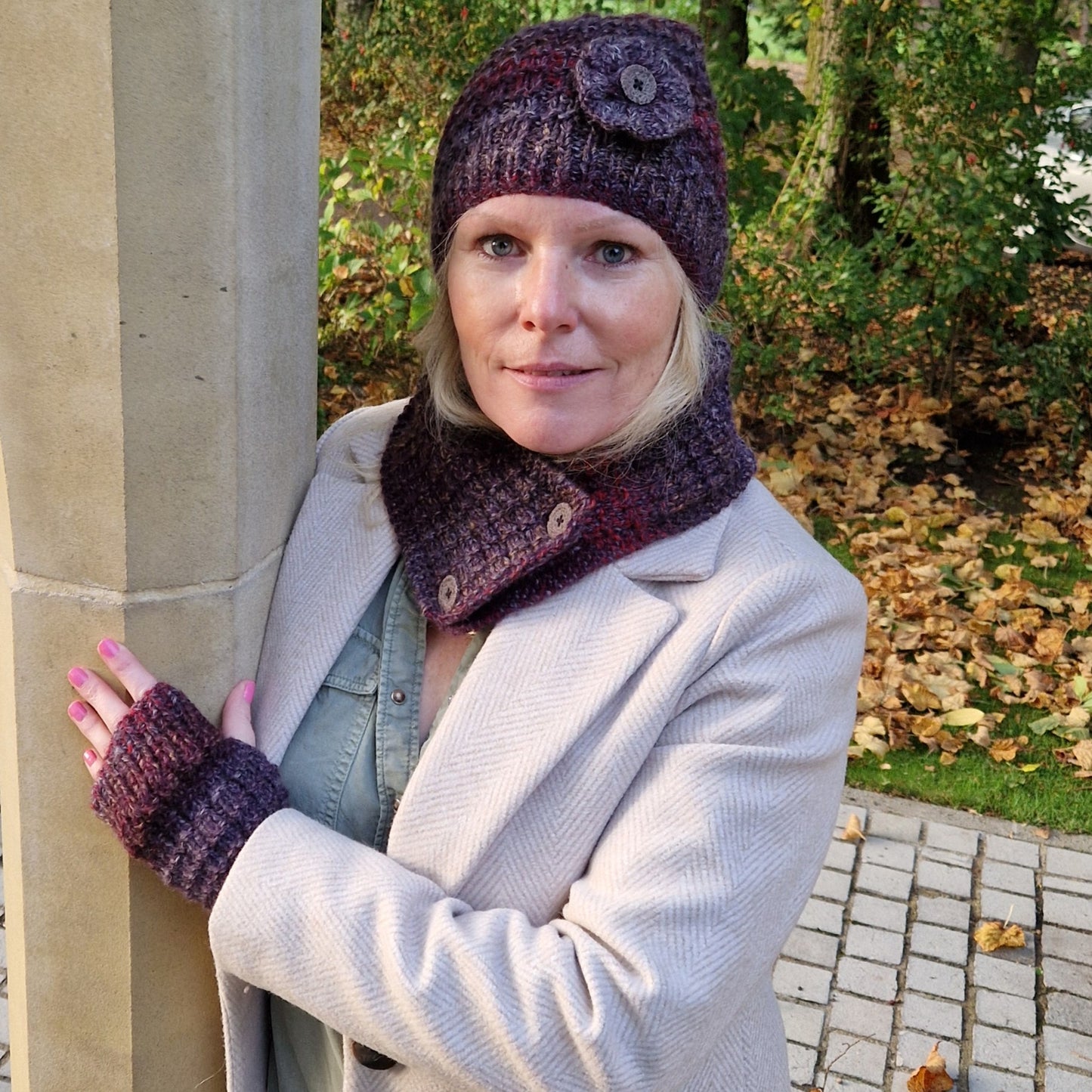 MATCHING SET - hat, neck wrap and fingerless gloves - brown, plum and grey