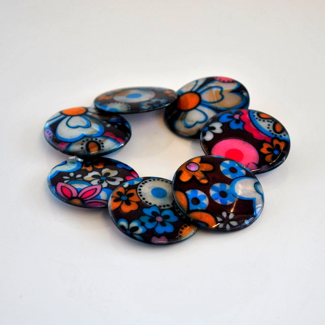 Brown/White/Floral Flat Bead Bracelet