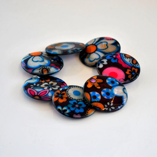 Brown/White/Floral Flat Bead Bracelet