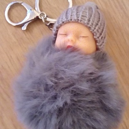 Grey Fluffy Baby Doll Keyring