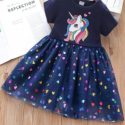 Child's Unicorn Print Dress (Navy)