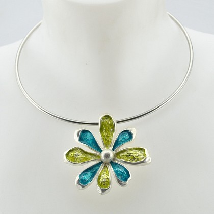 Lime Green and Turquoise Large Flower on Silver Torque